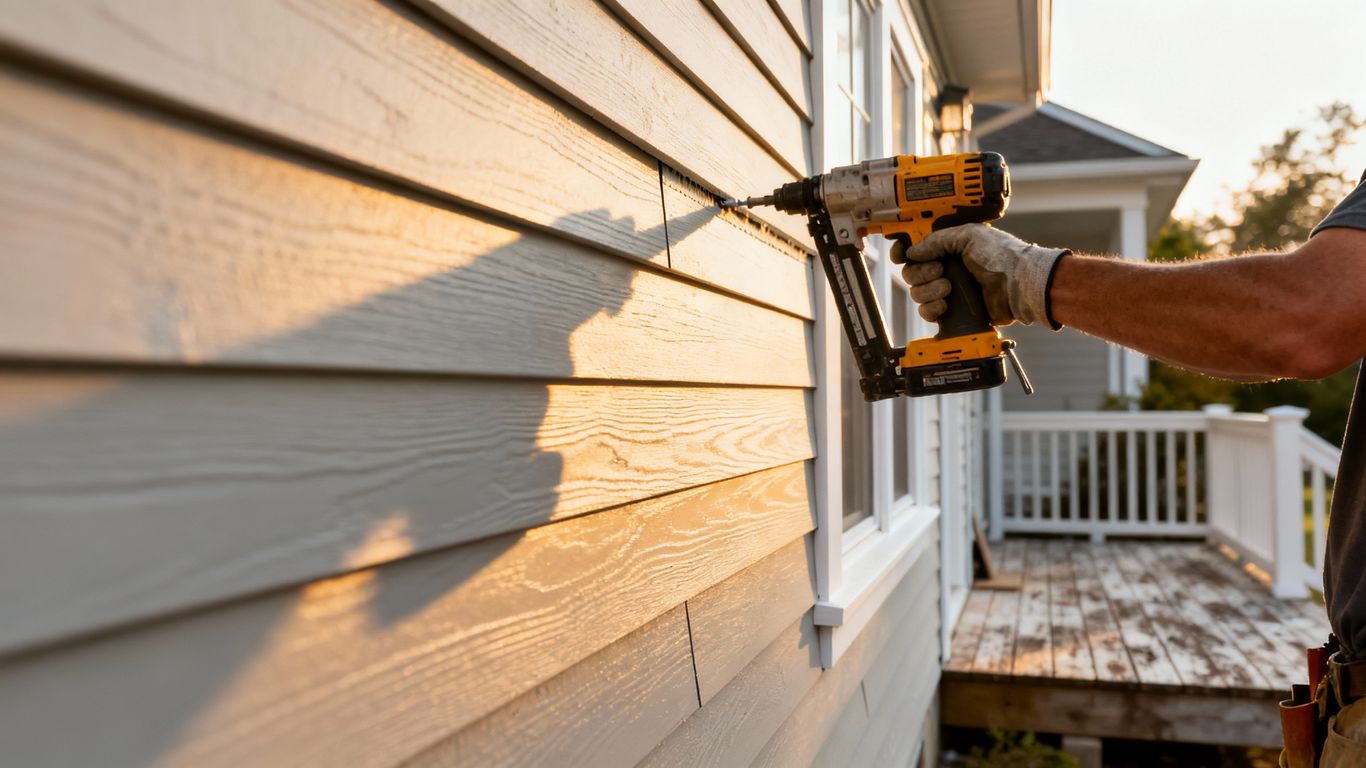 Worker installing siding on a suburban house exterior
