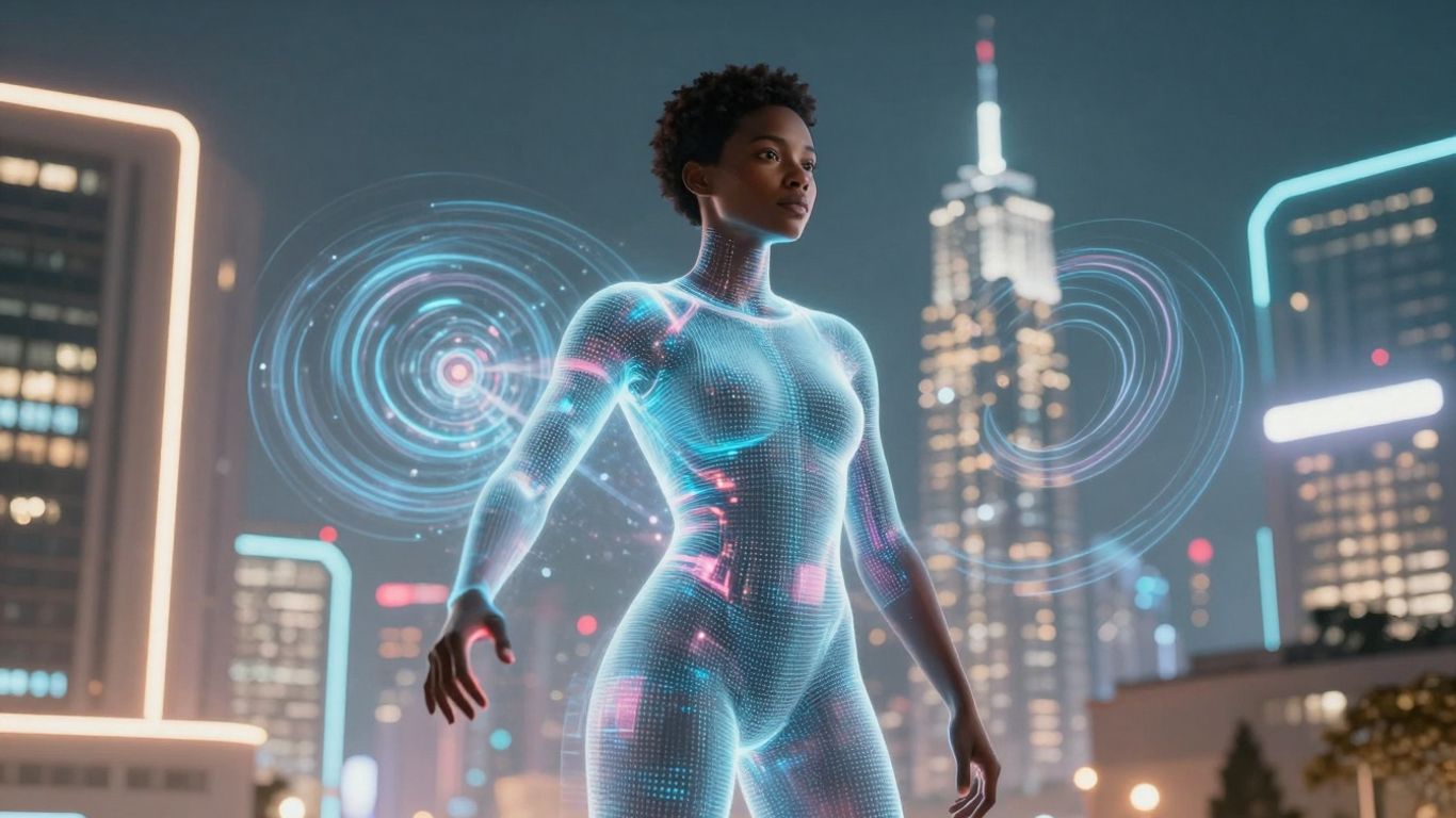 AI and human interacting with digital storytelling elements.