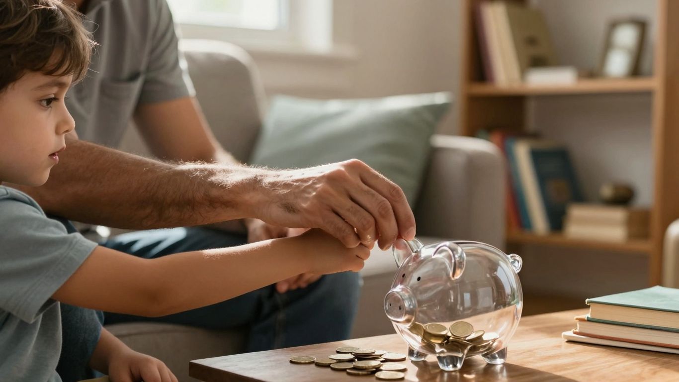 Părinte și copil punând bani într-un porc de jucărie.