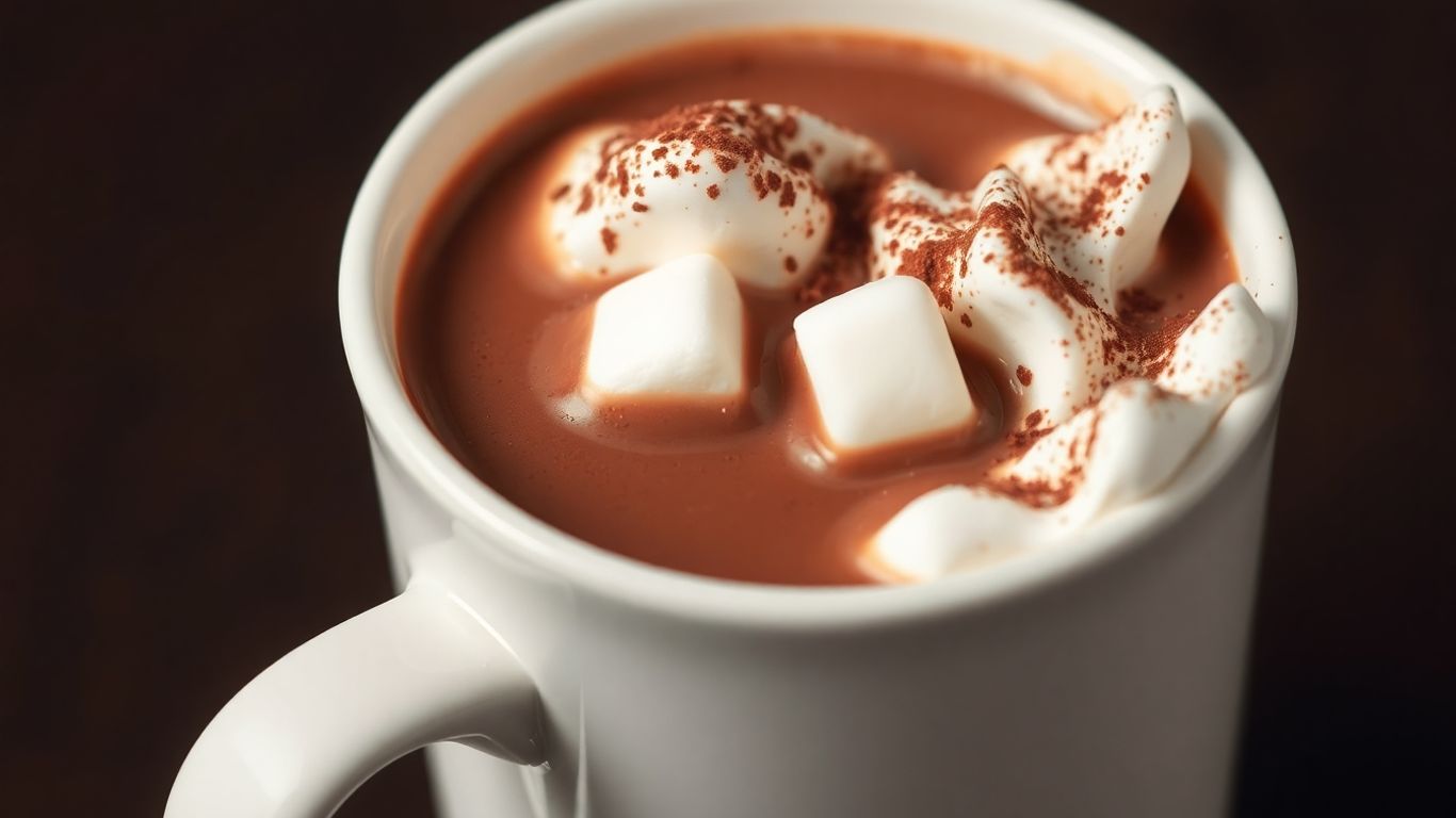 Steaming mug of hot cocoa with whipped cream and marshmallows.