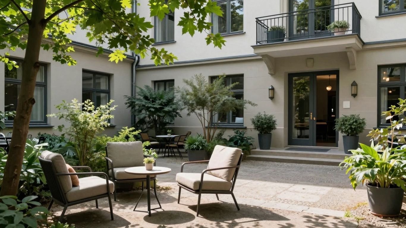 Ruhiger Hotelgarten in Steglitz-Zehlendorf mit Grünpflanzen und Sitzbereich.