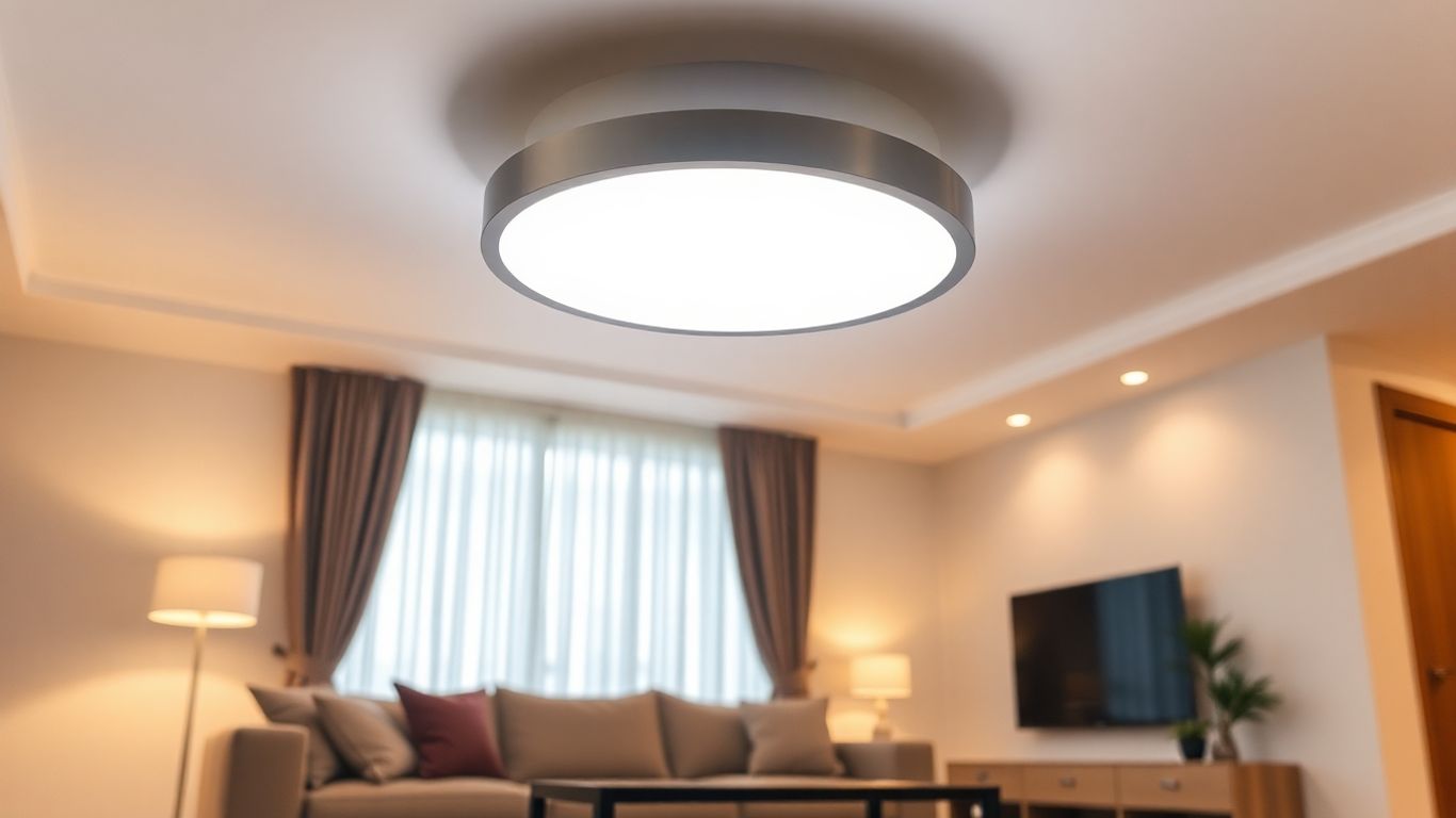 Modern LED ceiling light illuminating a living room.