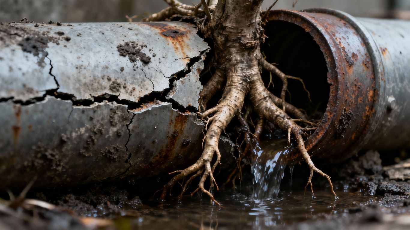 Damaged sewer pipe with visible cracks and roots.