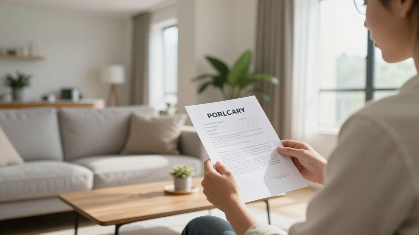 Condo insurance policy document in a modern apartment.