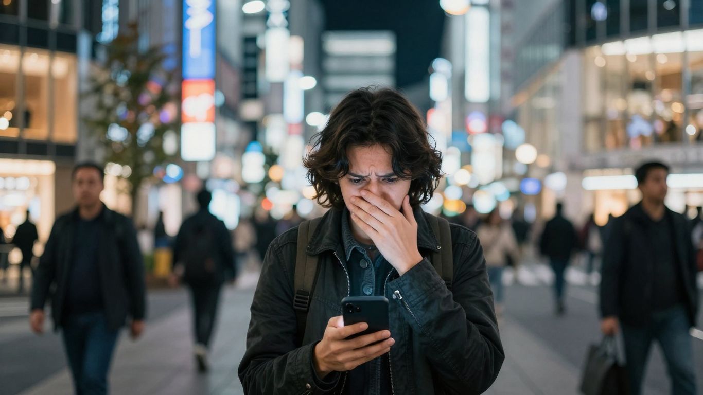 Tokyo street scene with a person using a translation app.