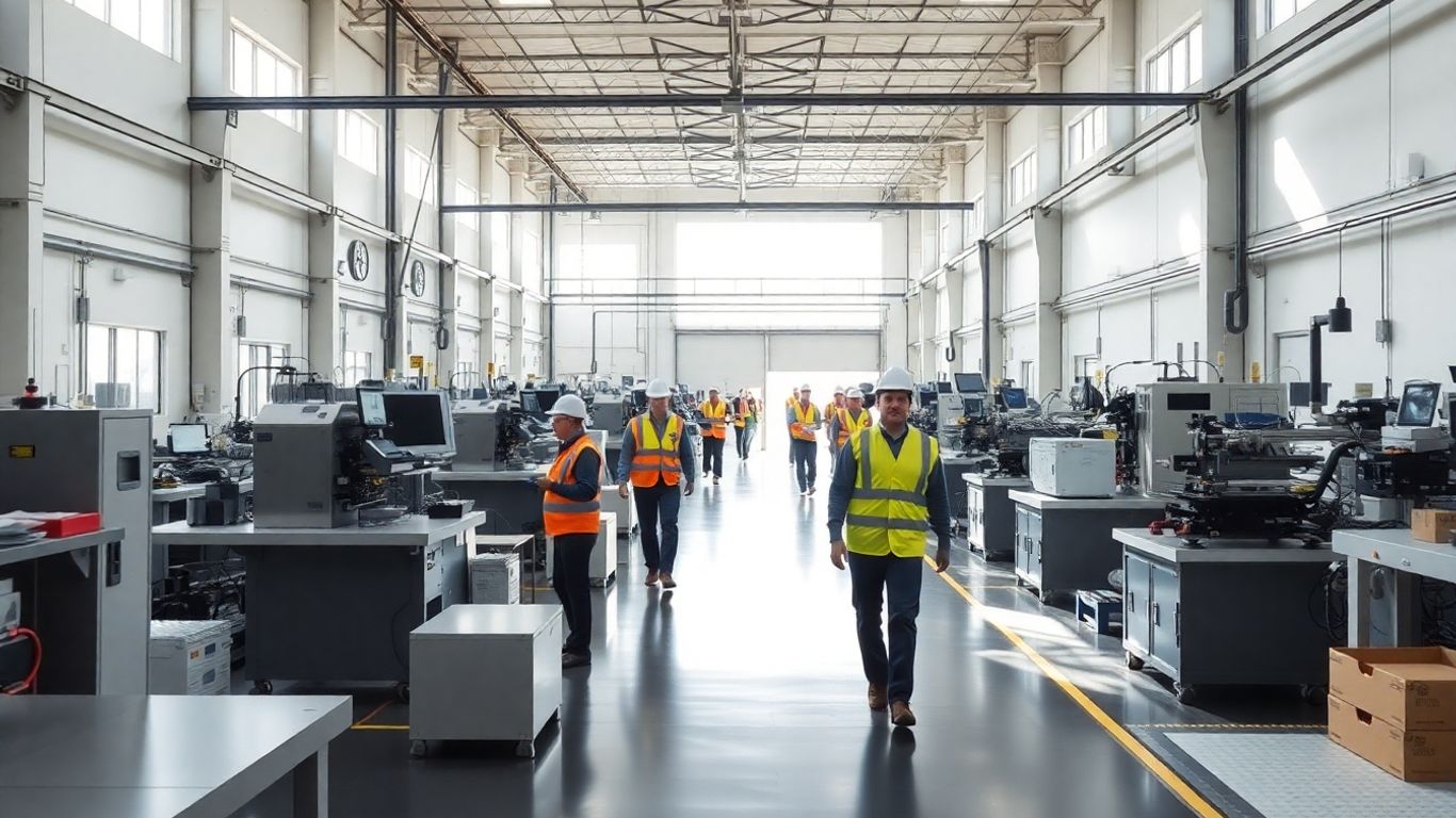 Moderne Fabrik mit Arbeitern und Maschinen