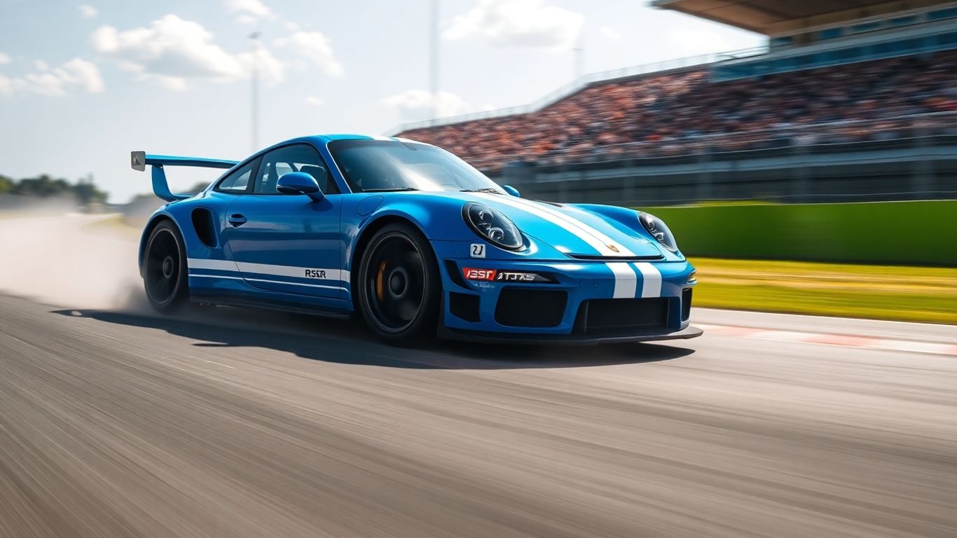 Porsche race car speeding on a track.