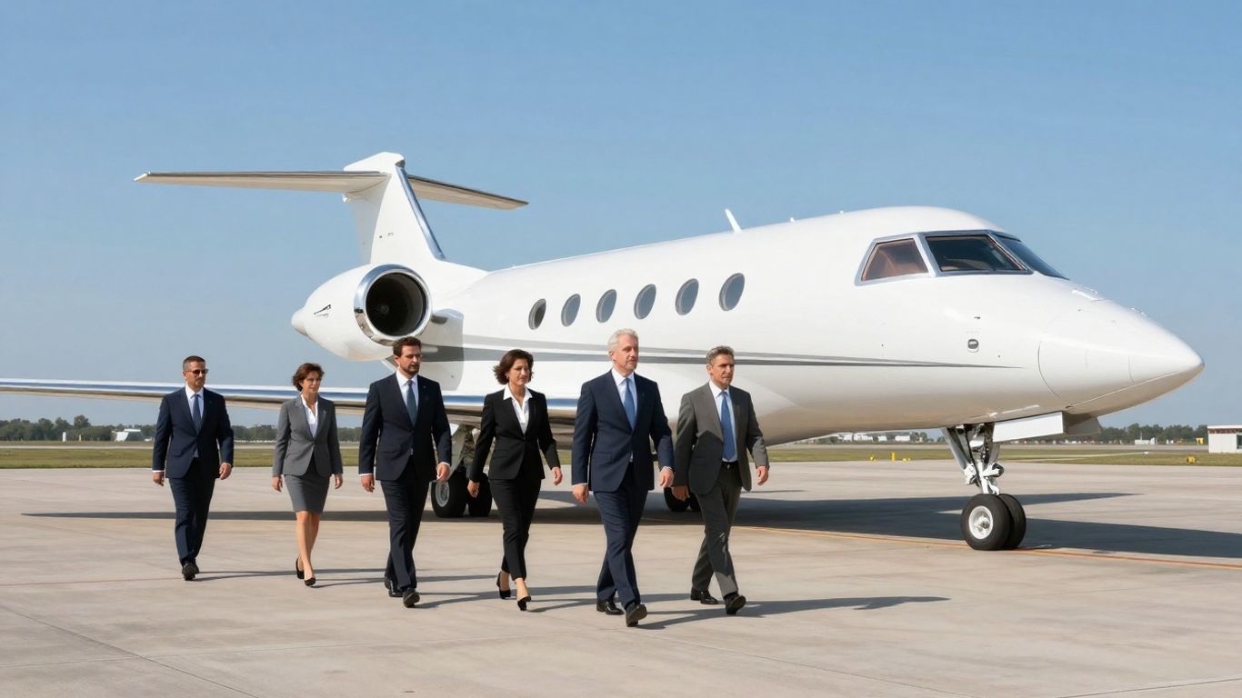 NetJets private jet and diverse professionals on tarmac.