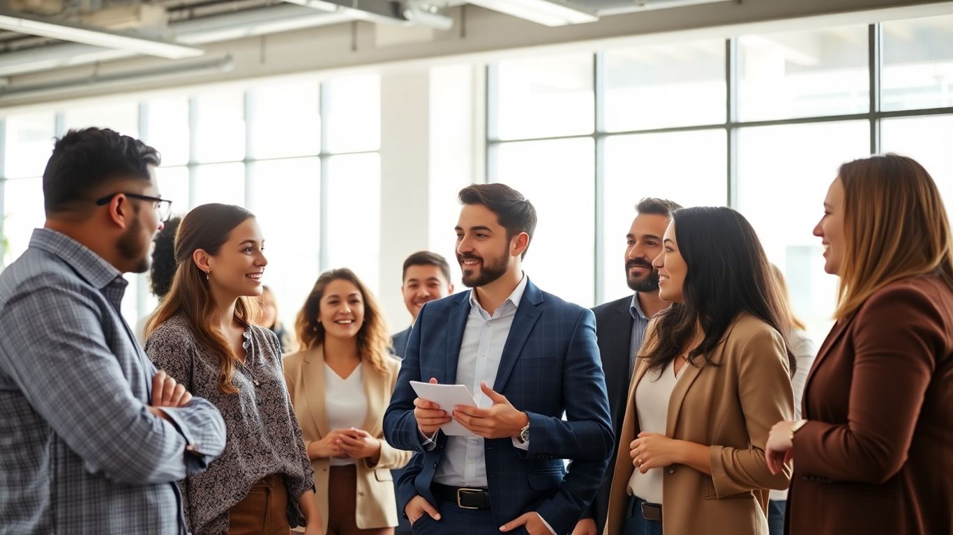 Business professionals collaborating in a bright office.