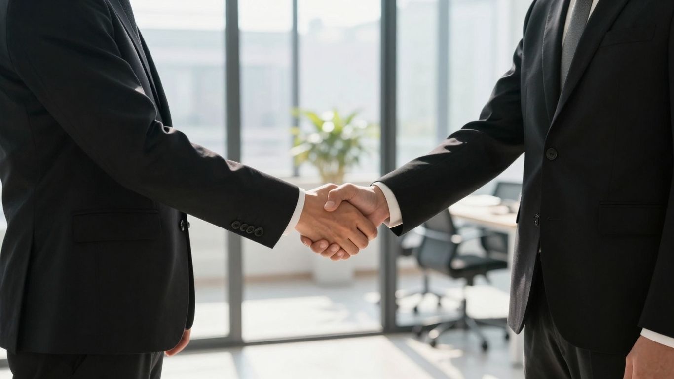 Handshake in an office, symbolizing agreement and trust.