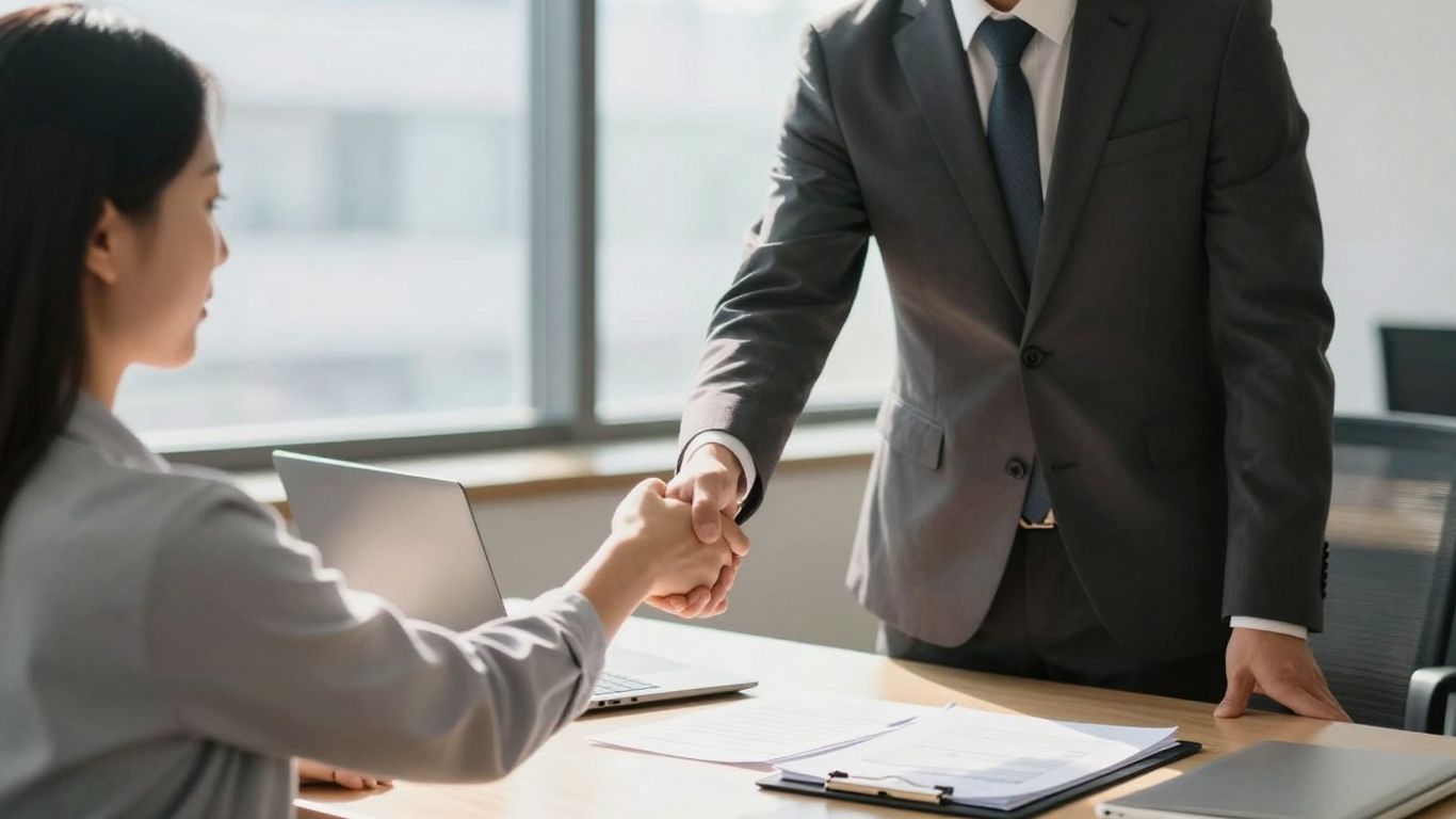 Mortgage broker shaking hands with a client in an office.