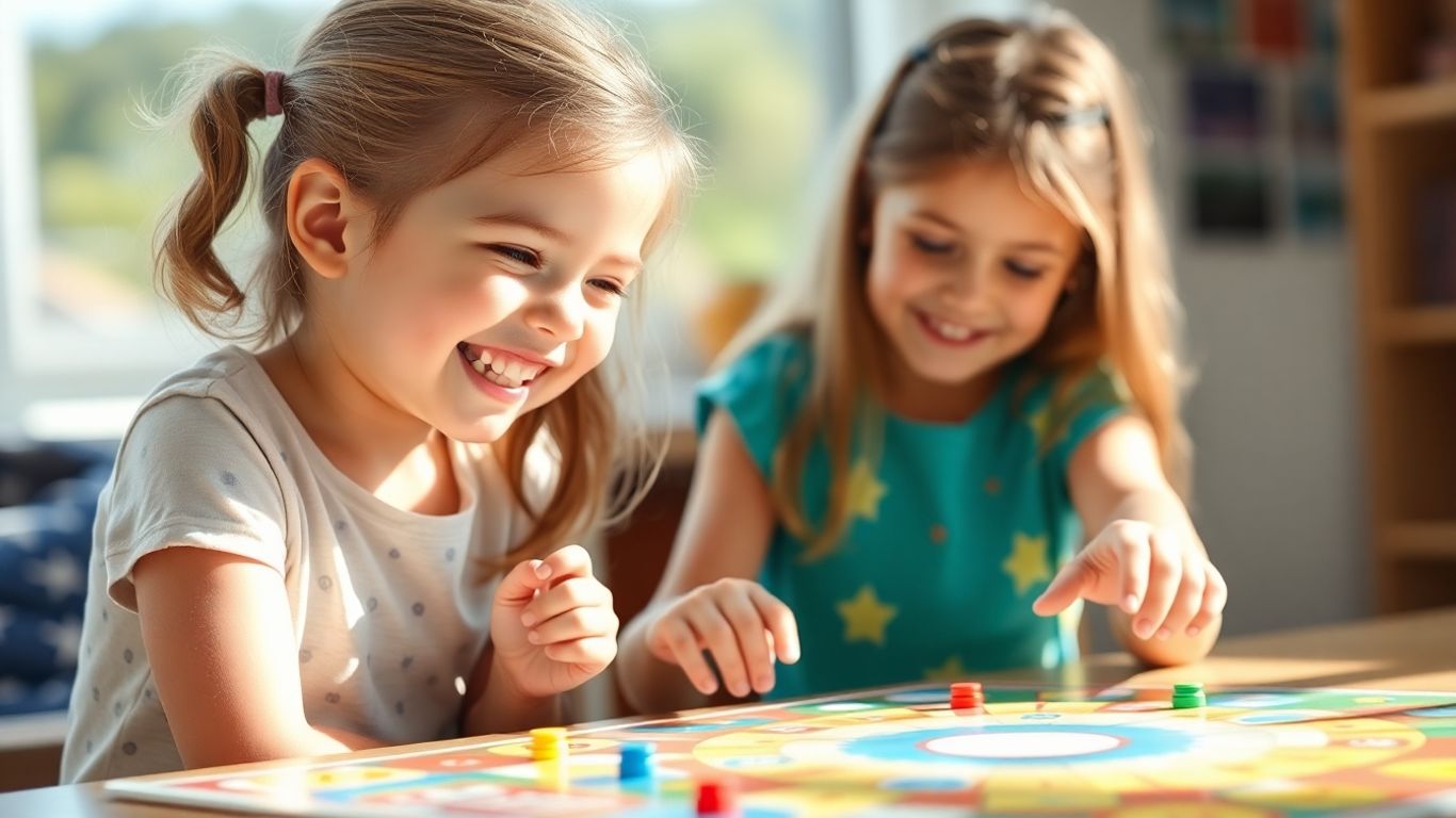 Two young girls happily playing colorful board games together.