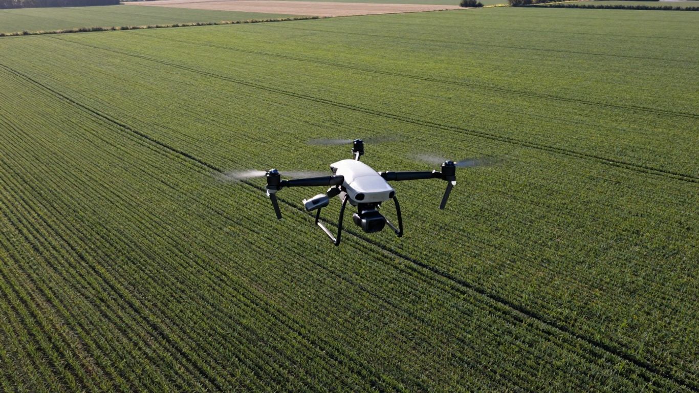Drone flying over a large green farm field.