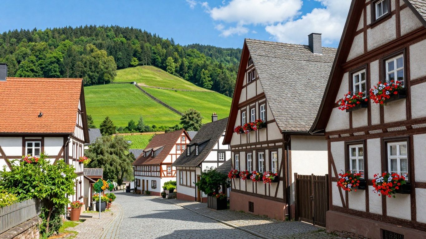 Charmantes Dorf im Sauerland mit Fachwerkhäusern und grünen Hügeln.
