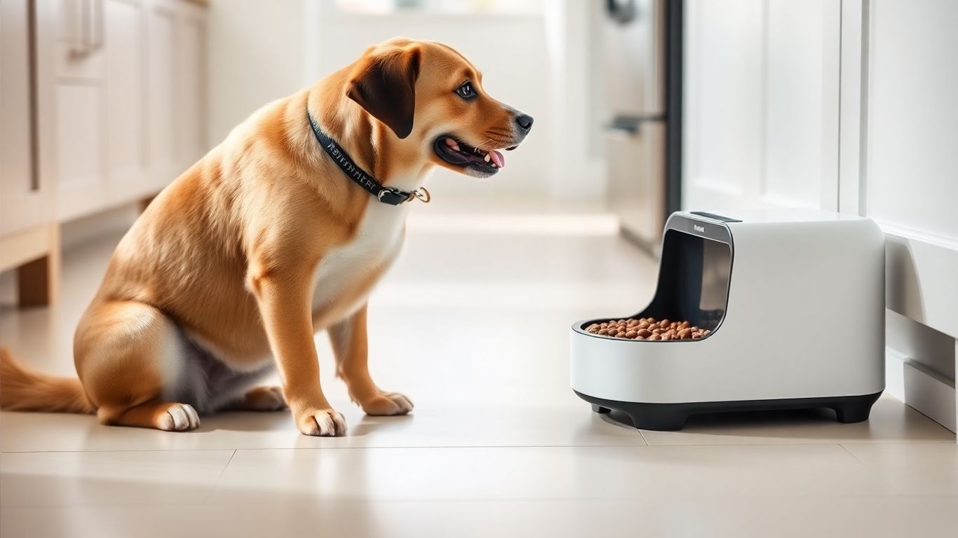 Smart pet feeder with a happy pet waiting for food.