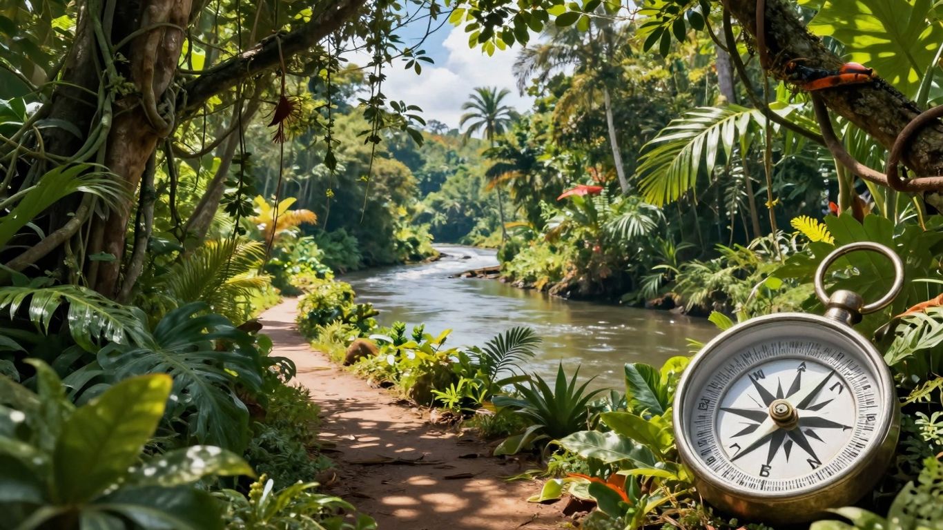 Jungle path with compass and winding river.