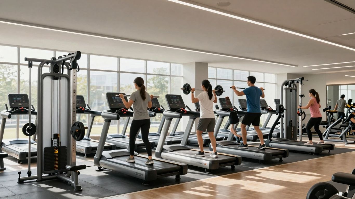 Gym interior with people working out on equipment.
