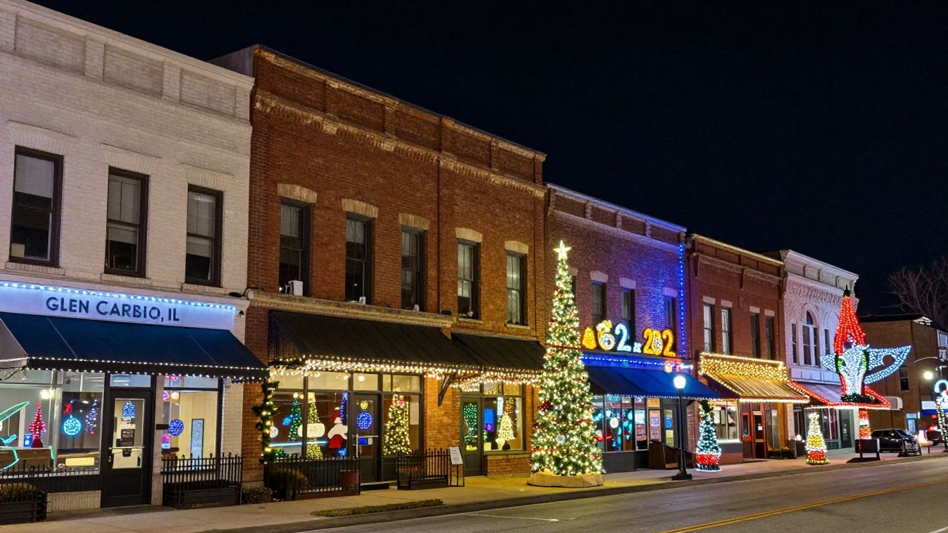 Commercial Christmas lights illuminating buildings in Glen Carbon, IL.