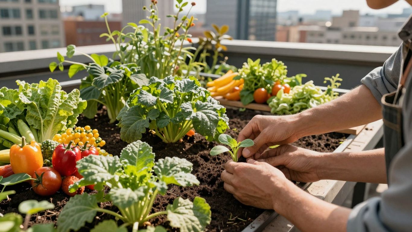Urbaner Garten mit Gemüse und Stadtkulisse