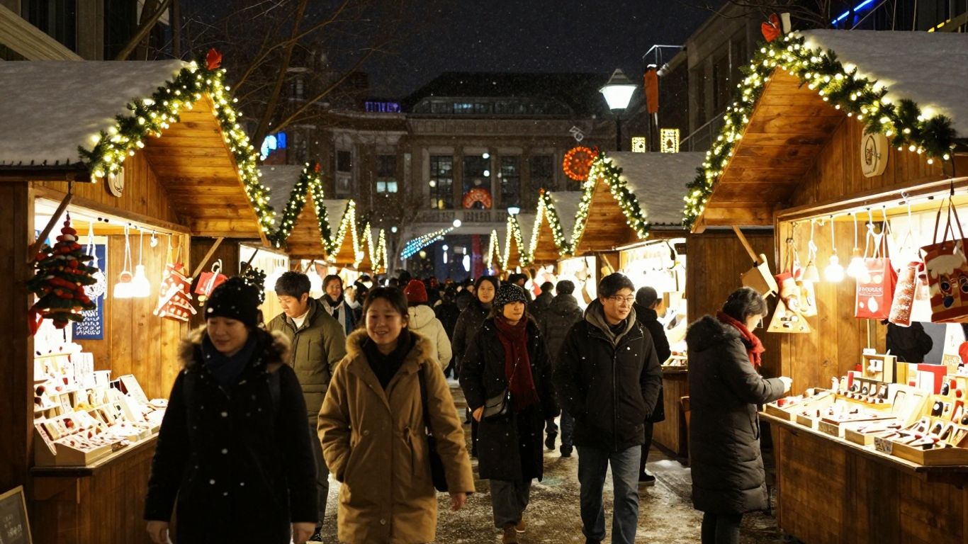 Funkelnder Weihnachtsmarkt mit Lichtern und Menschen im Schnee.