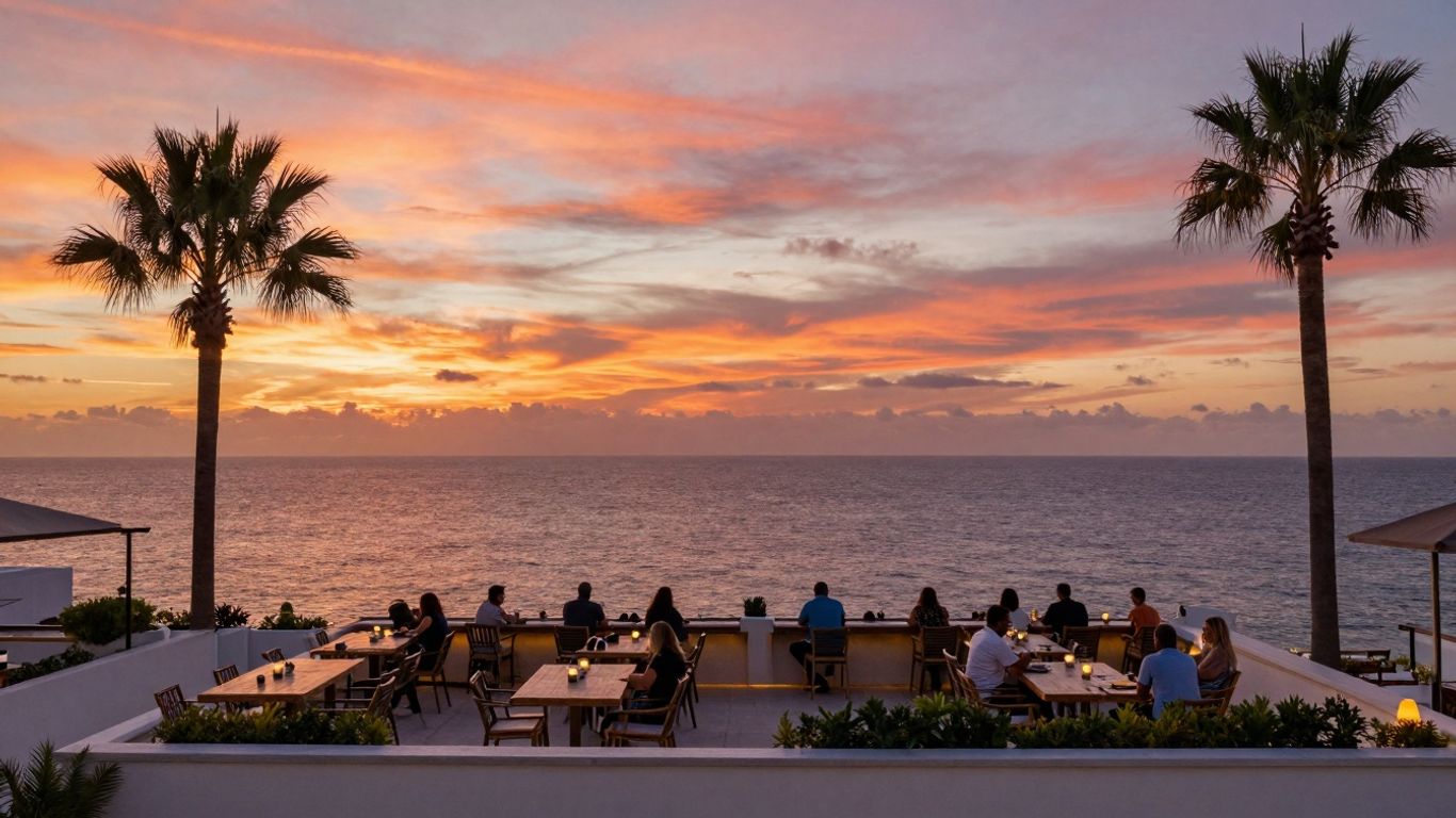 Rooftop bar sunset view over the ocean in Cabo.