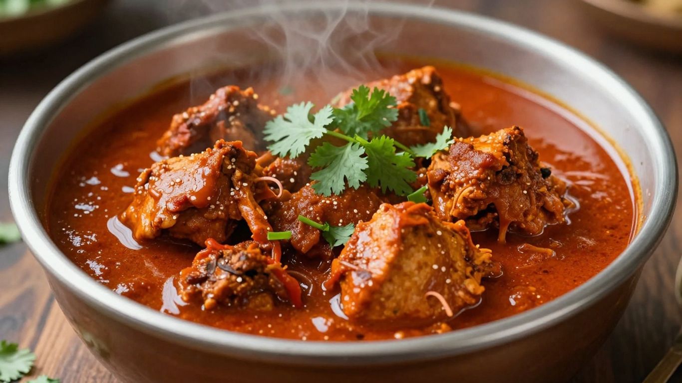 Spicy Indian chicken curry in a bowl with cilantro garnish.