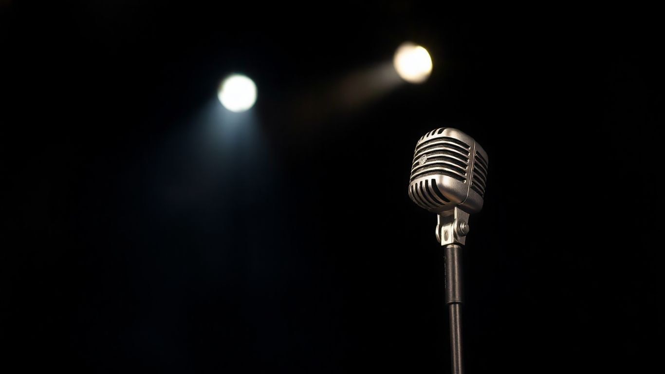 Spotlit microphone on a dark stage.