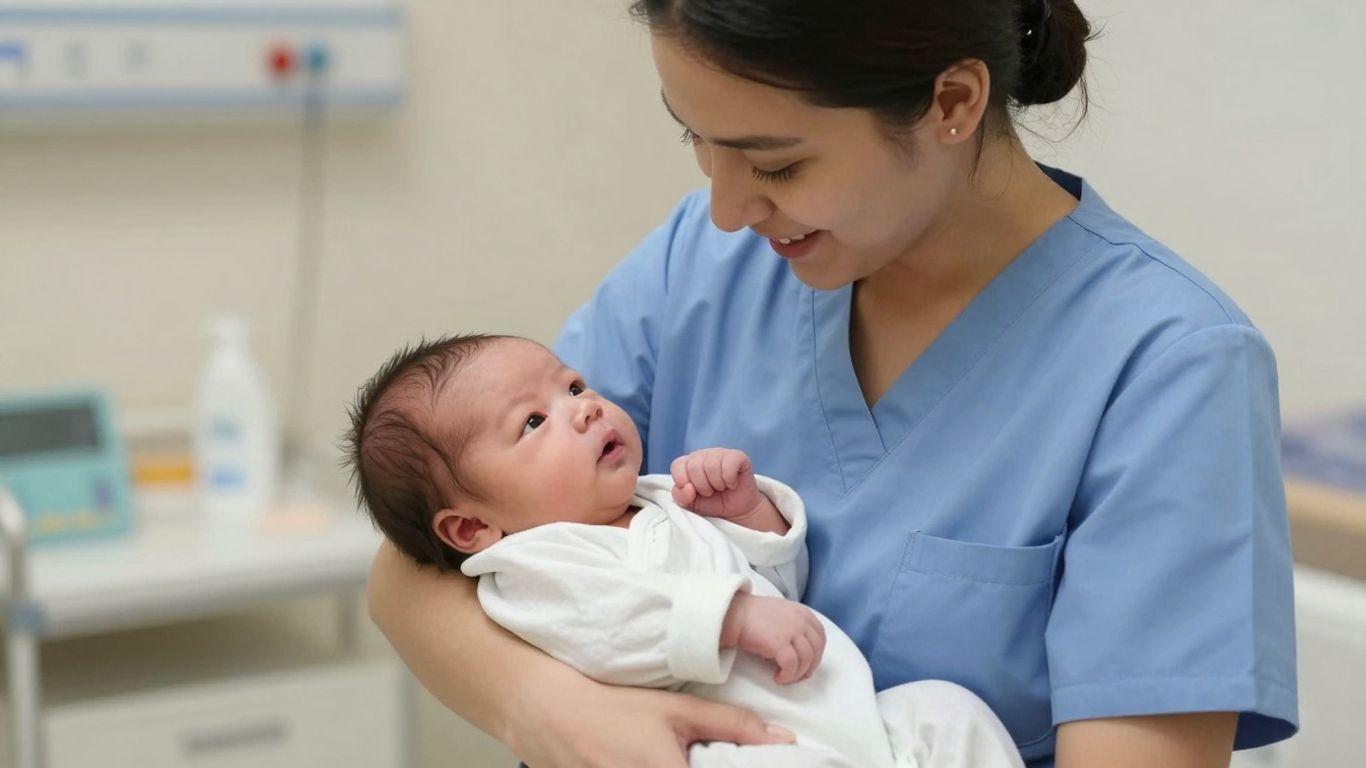 Neonatal nurse holding a newborn baby with care.