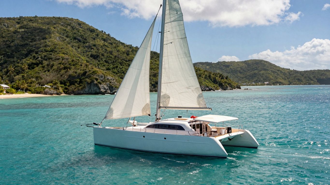 Luxury catamaran sailing in the British Virgin Islands.
