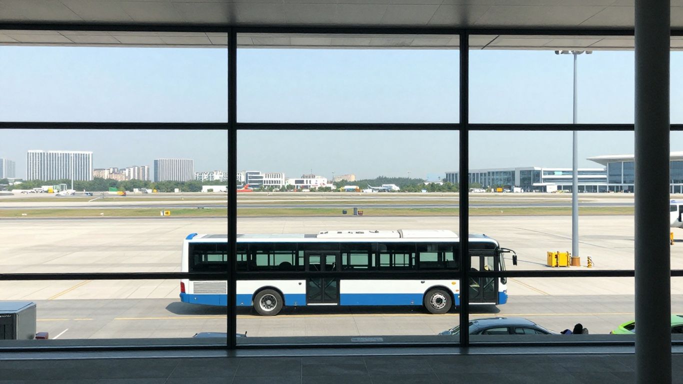 Airport shuttle bus outside Bologna Airport terminal.