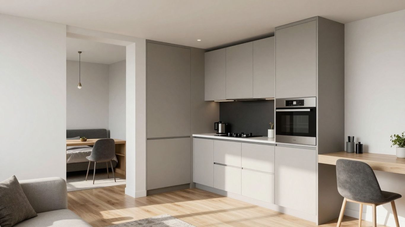 Moderne Küche und Wohnbereich in einem Studio-Apartment