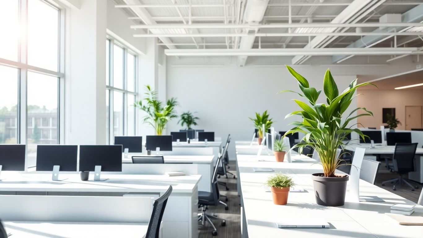 Zoho Office interior with desks and plants.