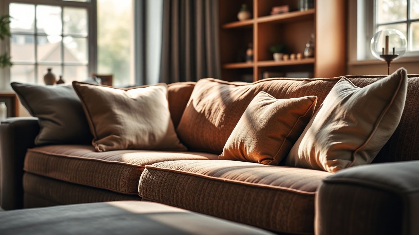 Comfortable couch with plush cushions in a sunlit room.