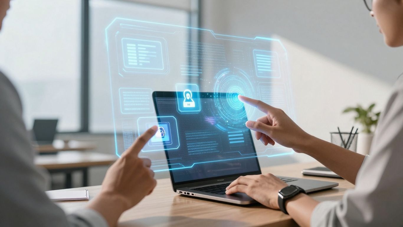 Persona gestionando licencias de software en interfaz holográfica.