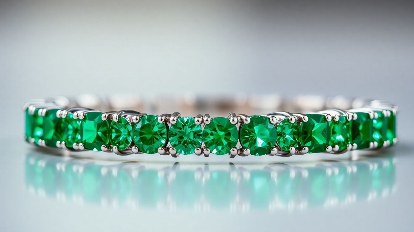 Emerald tennis bracelet with sparkling green gemstones.