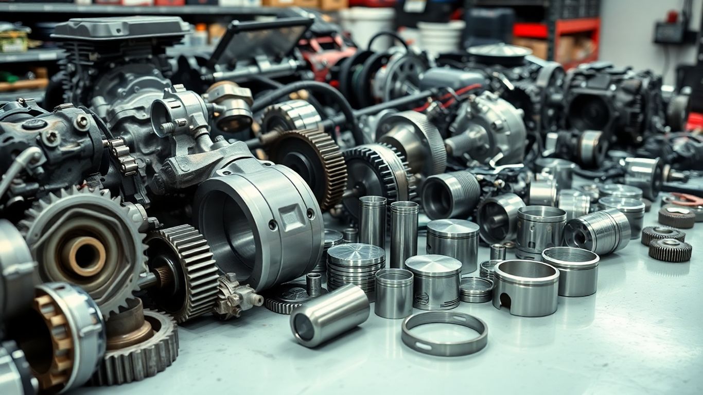 Engine parts in a workshop