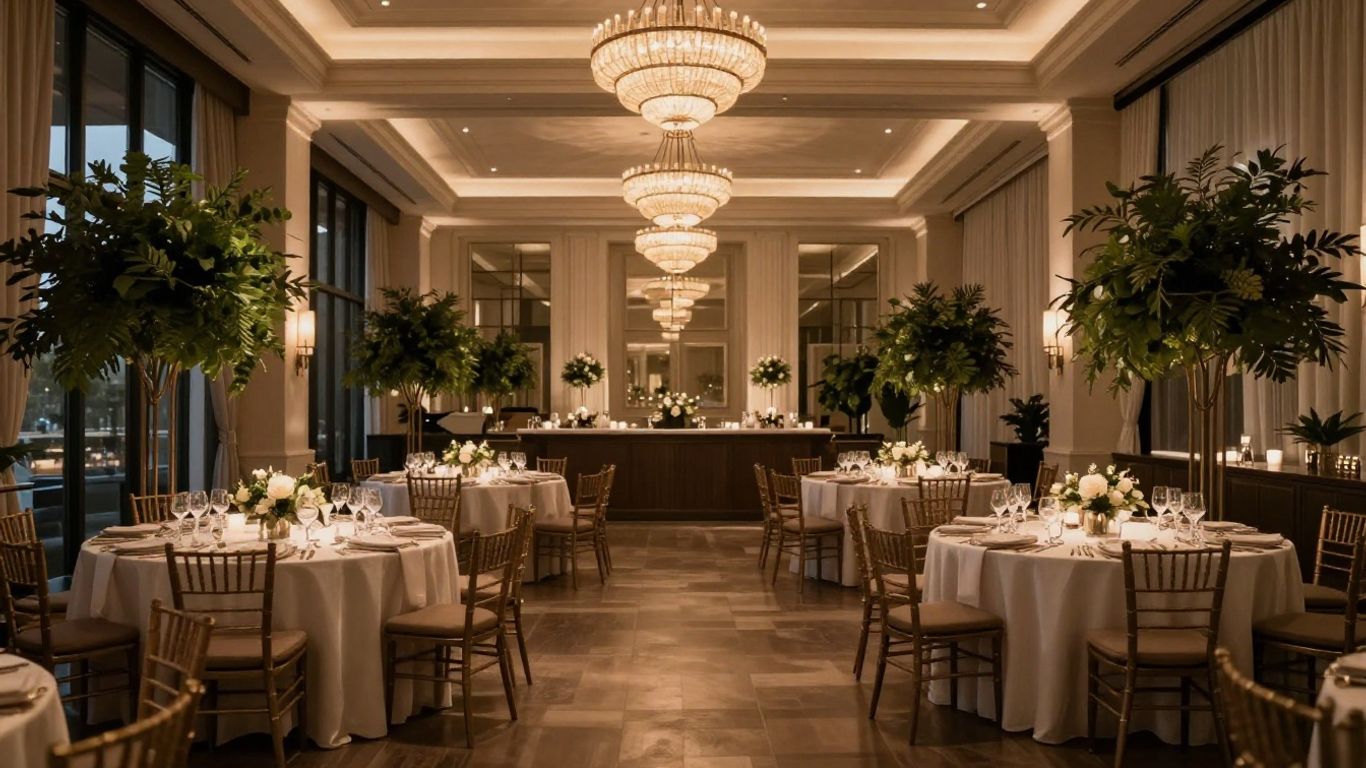 Elegant Dallas event venue interior with ambient lighting.