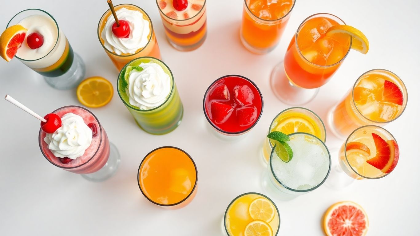 Colorful non-alcoholic party drinks with garnishes.