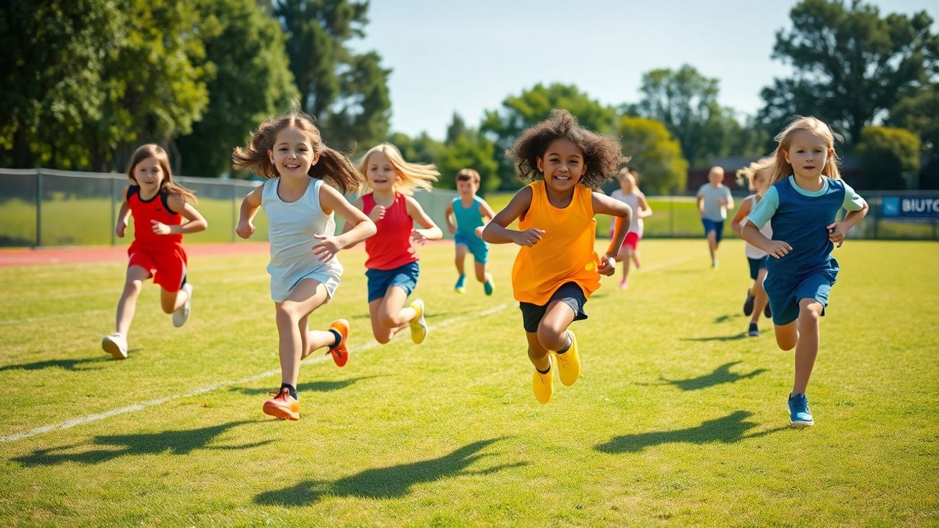 Young athletes running, jumping, and throwing on a field.