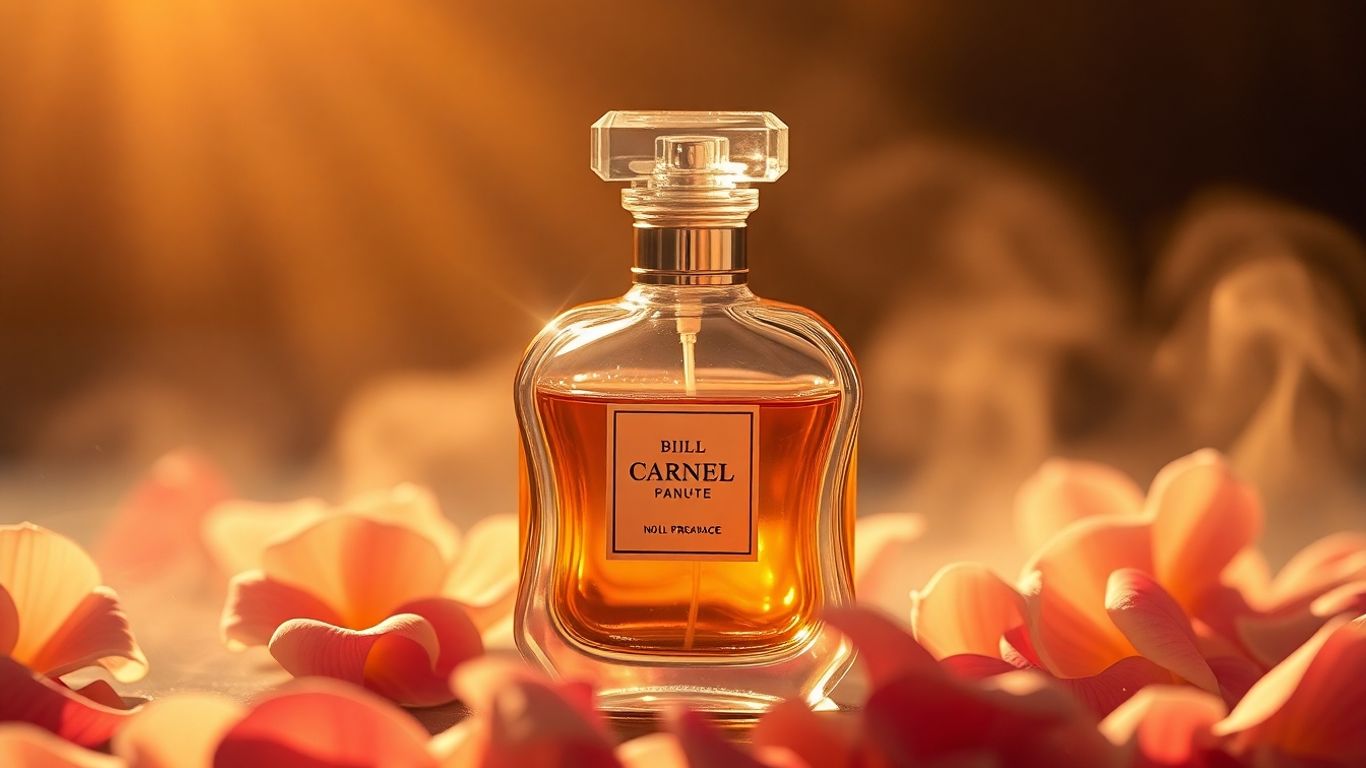 Elegant perfume bottle with golden light and floral petals.