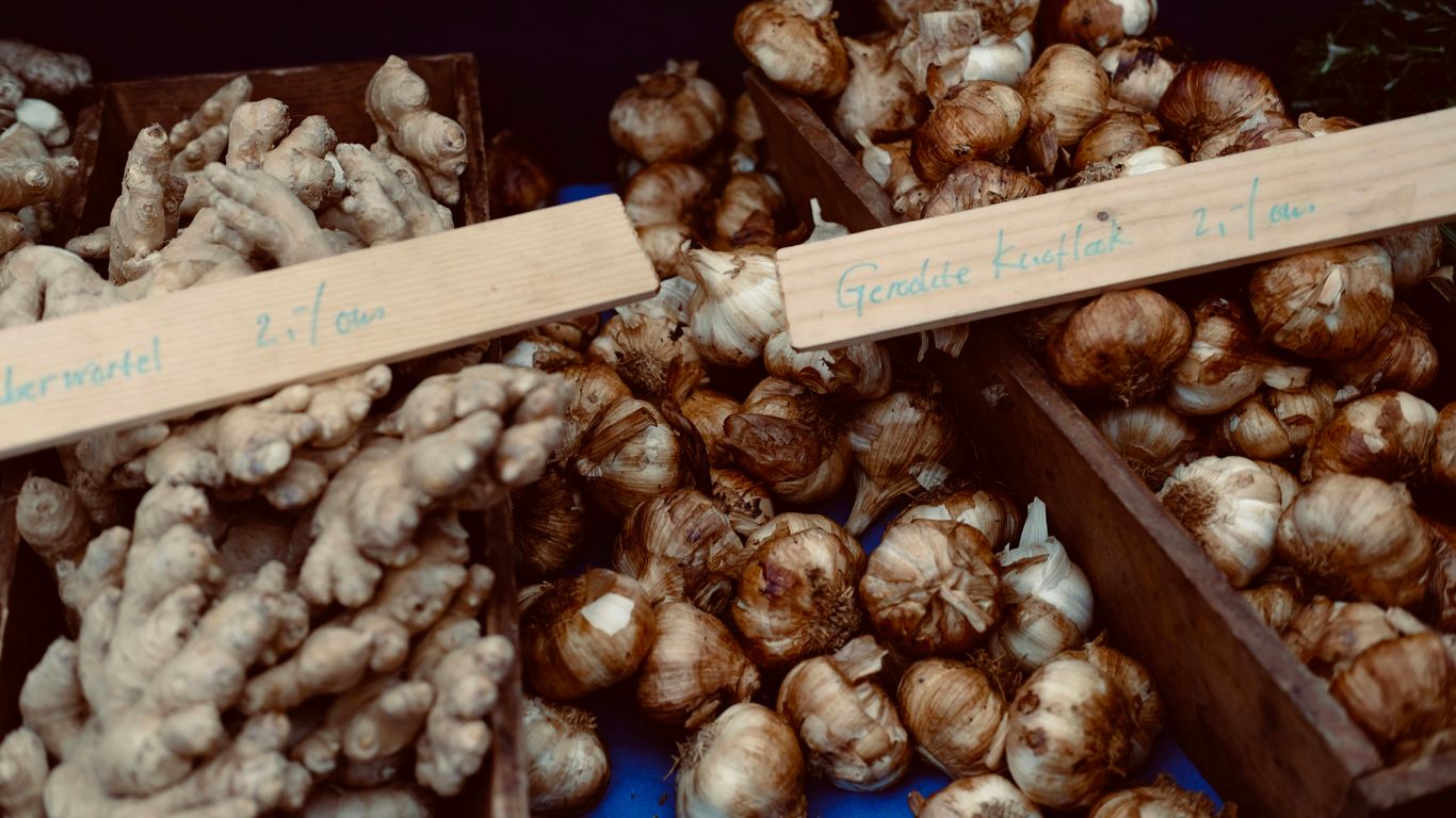 Pile of fresh garlic bulbs and ginger roots.