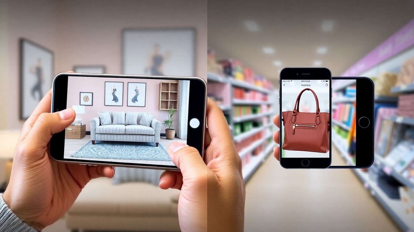 Augmented reality shopping app showing virtual furniture and accessories.