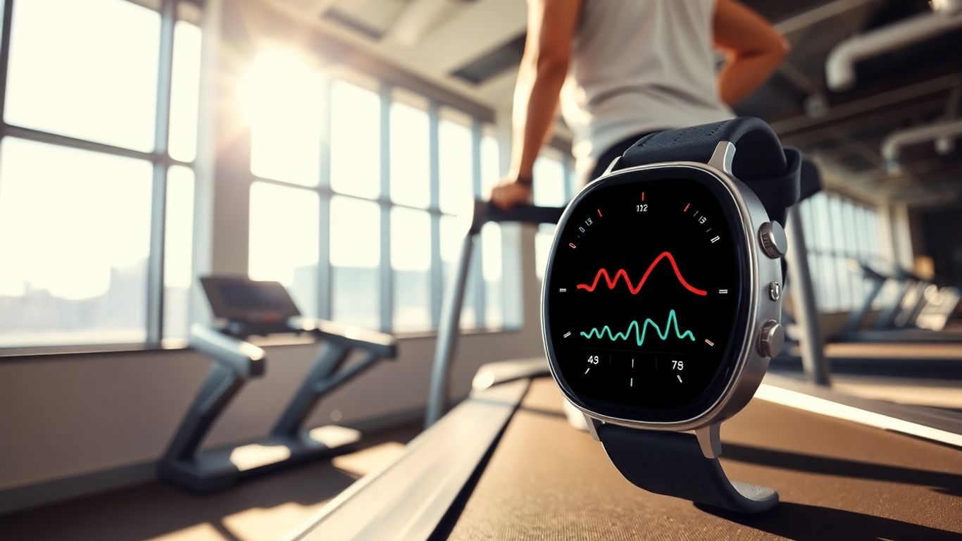 Person exercising with treadmill and smartwatch in gym.