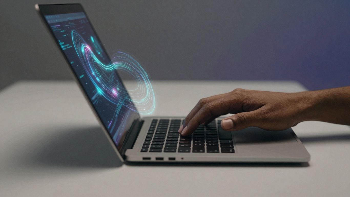 Ruka na tastaturi laptopa sa digitalnim šarama.