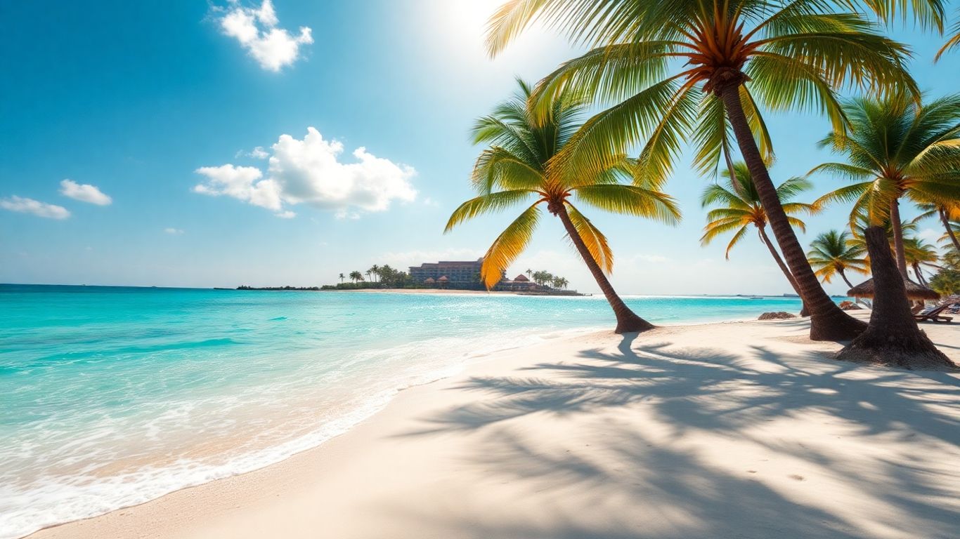 Tropical beach with palm trees and clear blue water.