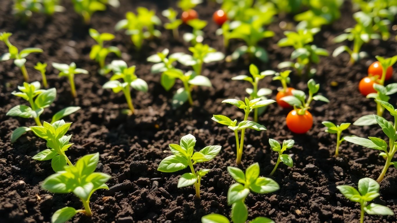 Junge Gemüsepflanzen und Kräuter im Gartenbeet