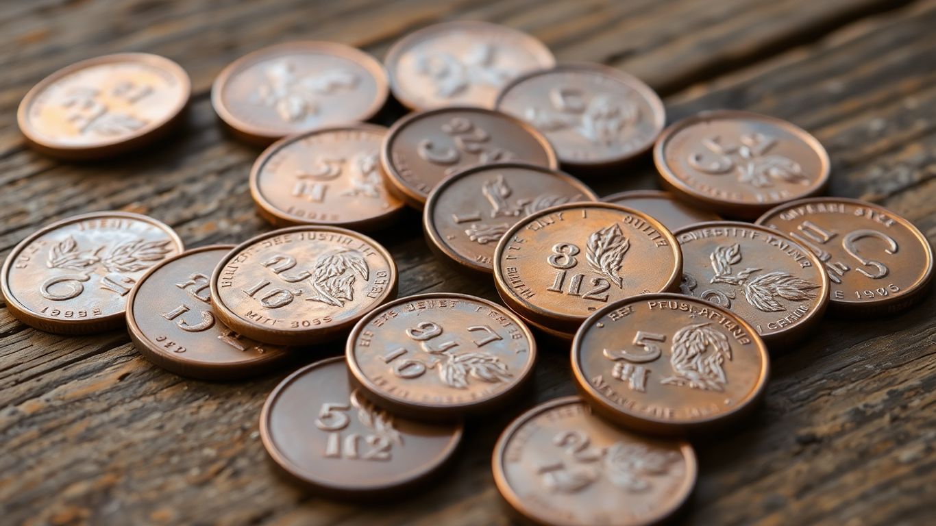 Close up of vintage wheat pennies on wood surface.