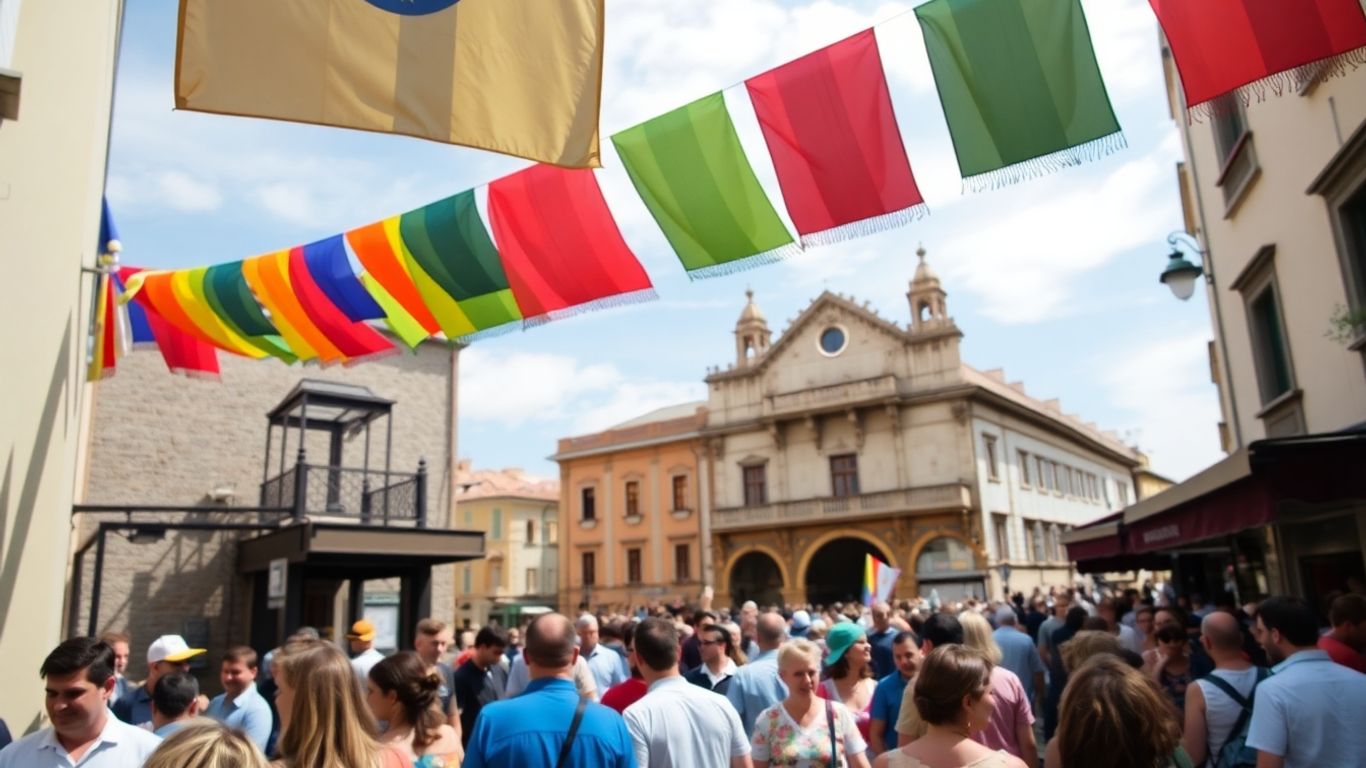 Scena di strada colorata del festival di Pamplona con edifici storici.
