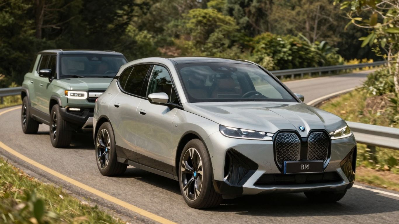 BMW iX and Rivian R1S electric SUVs on a road.