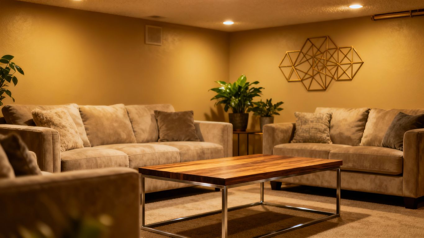 Cozy basement gathering spot with comfortable seating.